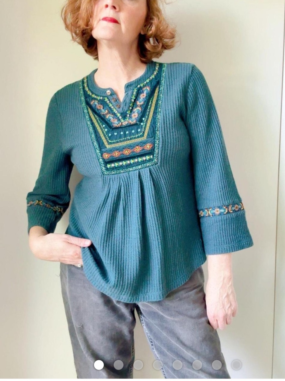 Soft Surroundings M Teal Embroidered beaded Waffle-Knit shirt